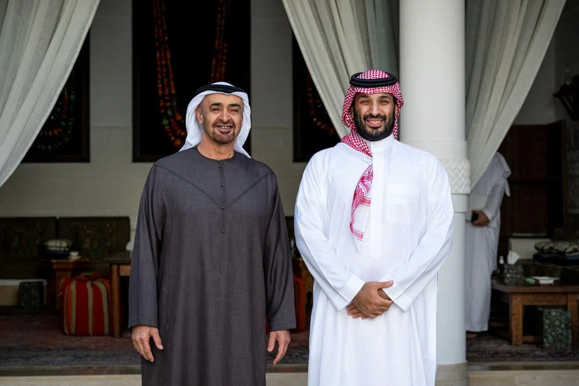 UAE President Sheikh Mohamed bin Zayed Al Nahyan (left) with Crown Prince and Prime Minister of Saudi Arabia Mohammed bin Salman bin Abdulaziz on Sept 3, 2025.