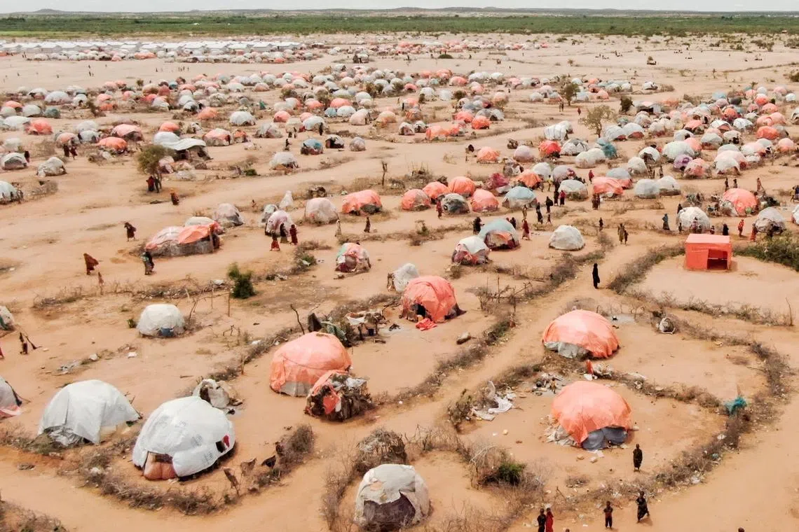 This aerial view showing makeshift structures of people displaced by drought at the Ladan internally displaced people (IDP) camp in Dolow, Somalia on May 1, 2023. 