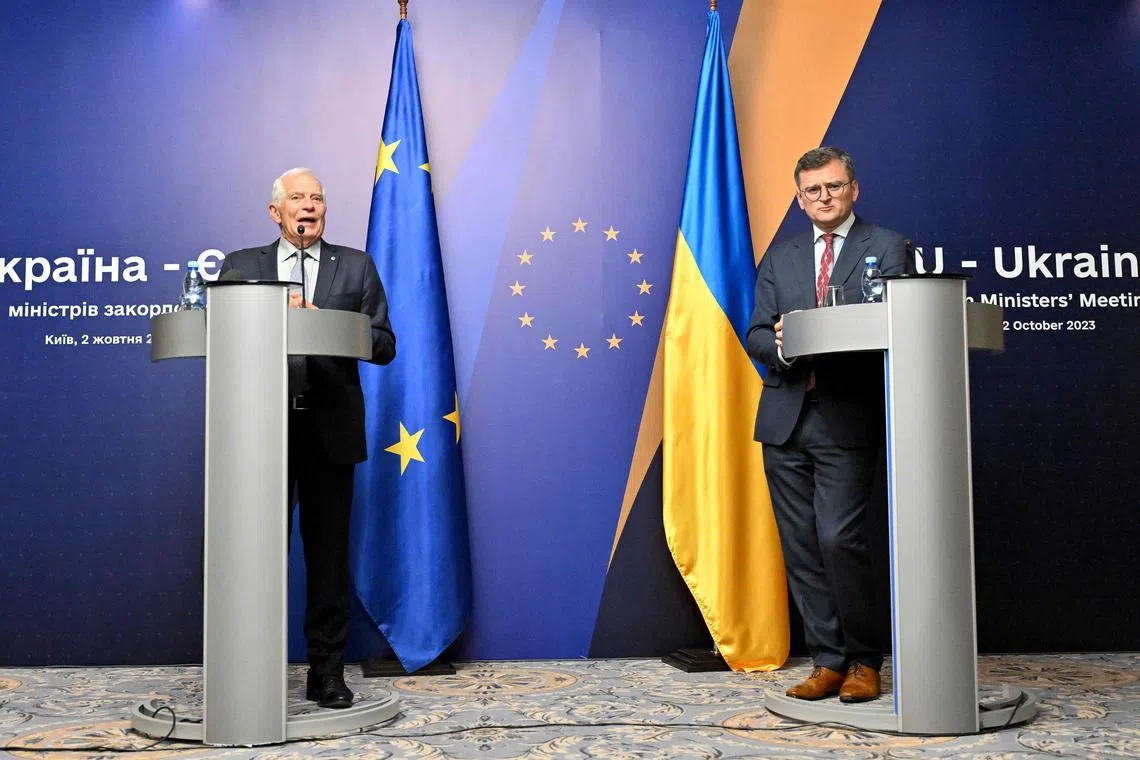 EU High Representative for Foreign Affairs and Security Policy Josep Borrell (left) and Ukraine's Foreign Minister Dmytro Kuleba after the EU-Ukraine foreign ministers' meeting.