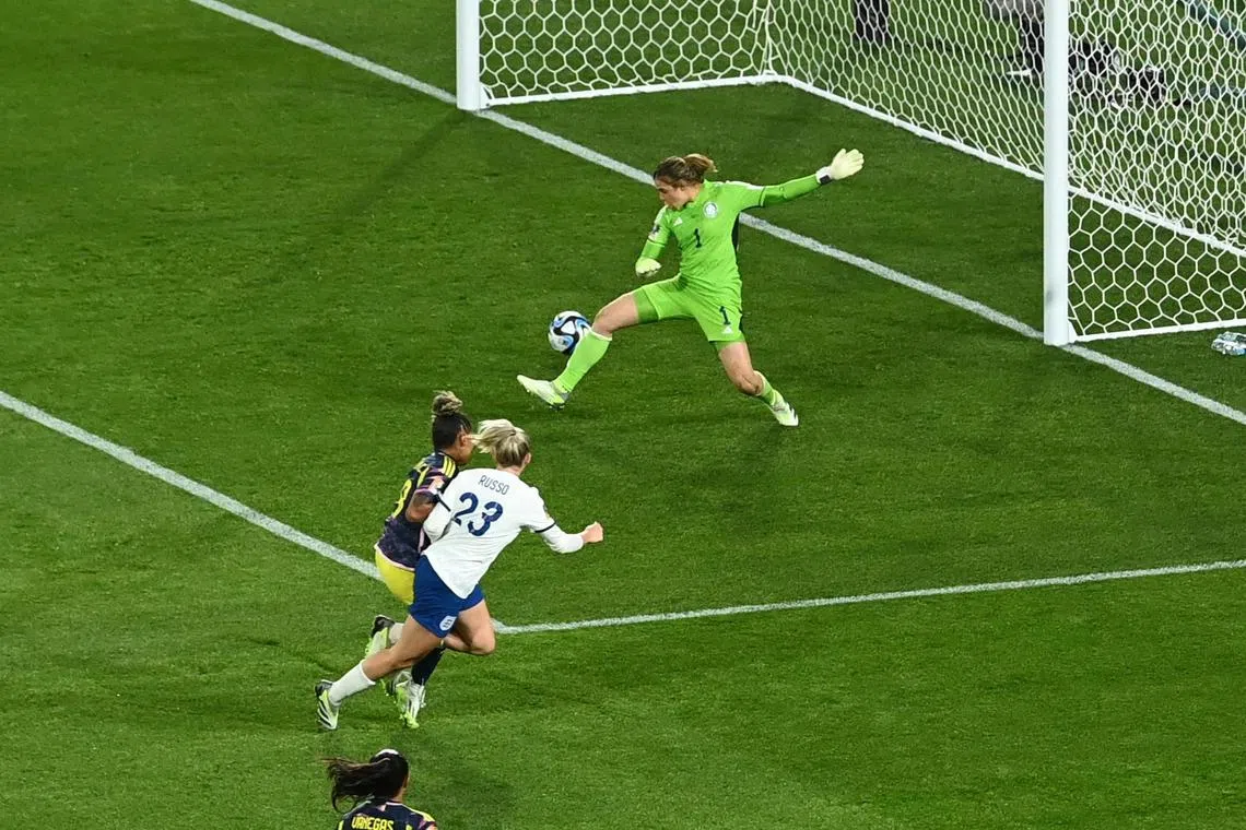 England's Alessia Russo scoring the team's second goal in the 2-1 Women's World Cup quarter-final win over Colombia.