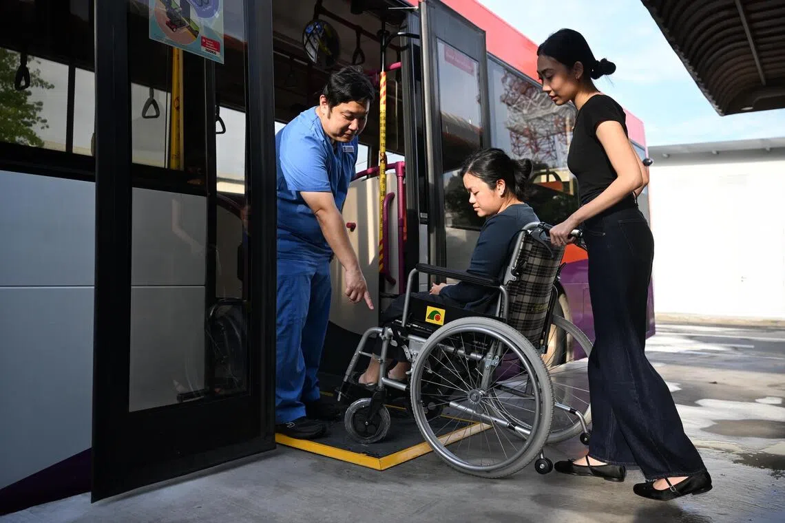 The occupational therapists will teach both the patient on a wheelchair or mobility scooter and the caregiver how to board and alight from a bus safely, as well as how to park and engage the brakes of a wheelchair onboard. For patients using walking sticks, physiotherapists would guide them on how to get onto the bus while holding handrails, and how to sit down safely. 