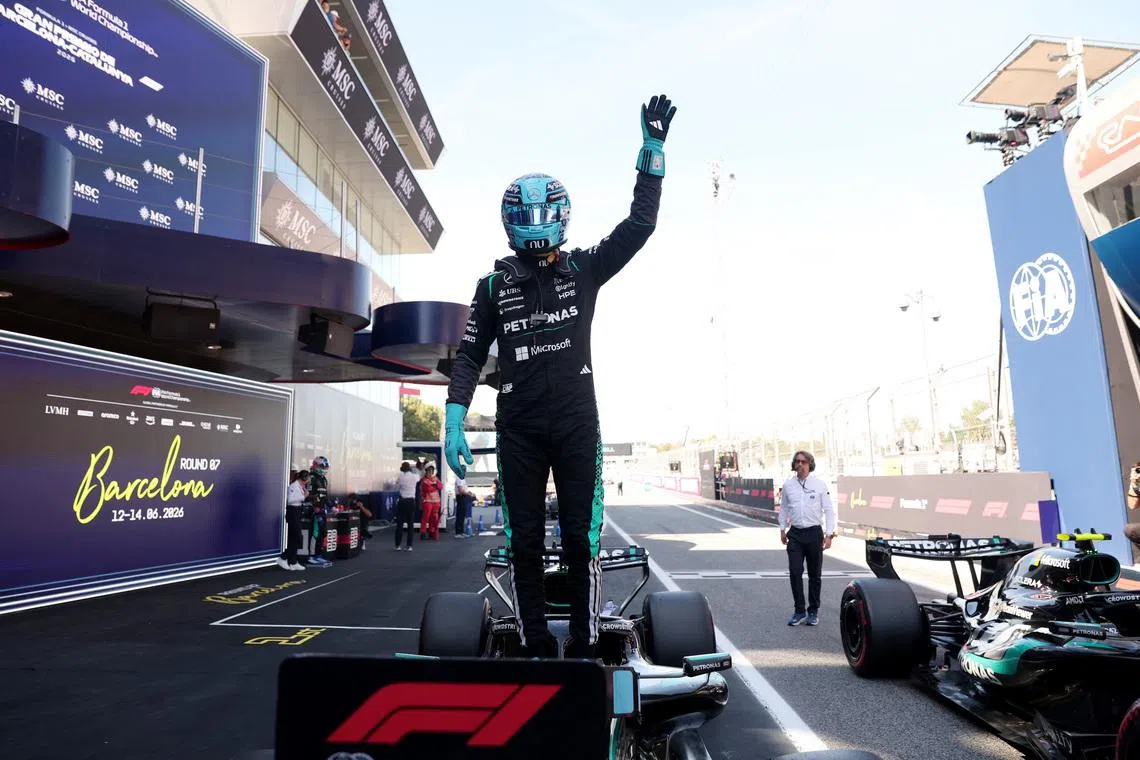 Formula One F1 - Barcelona-Catalunya Grand Prix - Circuit de Barcelona-Catalunya, Barcelona, Spain - June 13, 2026 Mercedes' George Russell celebrates after qualifying in pole position REUTERS/Bruna Casas