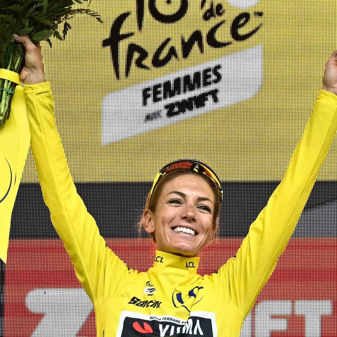 French rider Pauline Ferrand-Prevot celebrates on the podium for the fourth edition of the Women’s Tour de France on Aug 3, 2025.