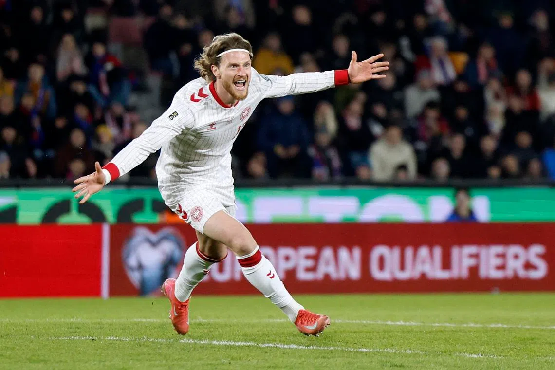 Soccer Football - FIFA World Cup - UEFA Qualifiers - Finals - Czech Republic v Denmark - epet ARENA, Prague, Czech Republic - March 31, 2026 Denmark's Kasper Hogh celebrates scoring their second goal REUTERS/David W Cerny