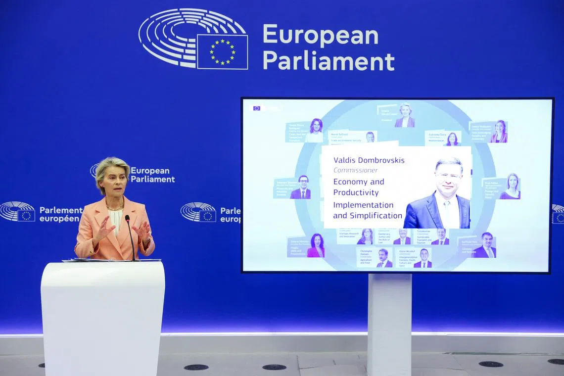 European Commission President Ursula von der Leyen holds a press conference on the suggested structure and portfolios of the college of European Commissioners in Strasbourg, France September 17, 2024. REUTERS/Johanna Geron