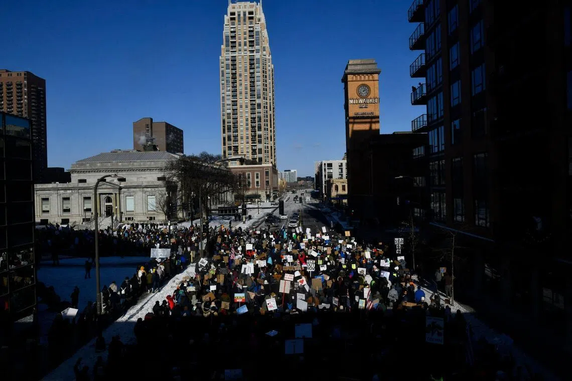 Protesters gather in downtown Minneapolis demanding Immigration and Customs Enforcement (ICE) leave Minnesota following the fatal shooting of 37-year-old ICU nurse Alex Pretti by ICE agents during a federal immigration enforcement operation, in Minneapolis, Minnesota.