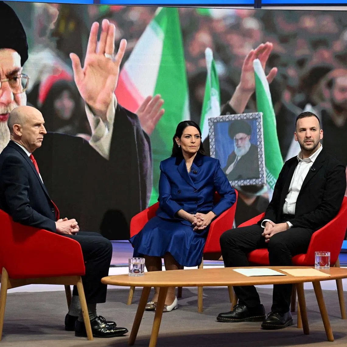 Britain's Defence Secretary John Healey, Shadow Foreign Secretary Priti Patel and Green Party leader Zack Polanski appear on the BBC's programme, Sunday with Laura Kuenssberg in London, Britain, March 1, 2026. JEFF OVERS/BBC/Handout via REUTERS