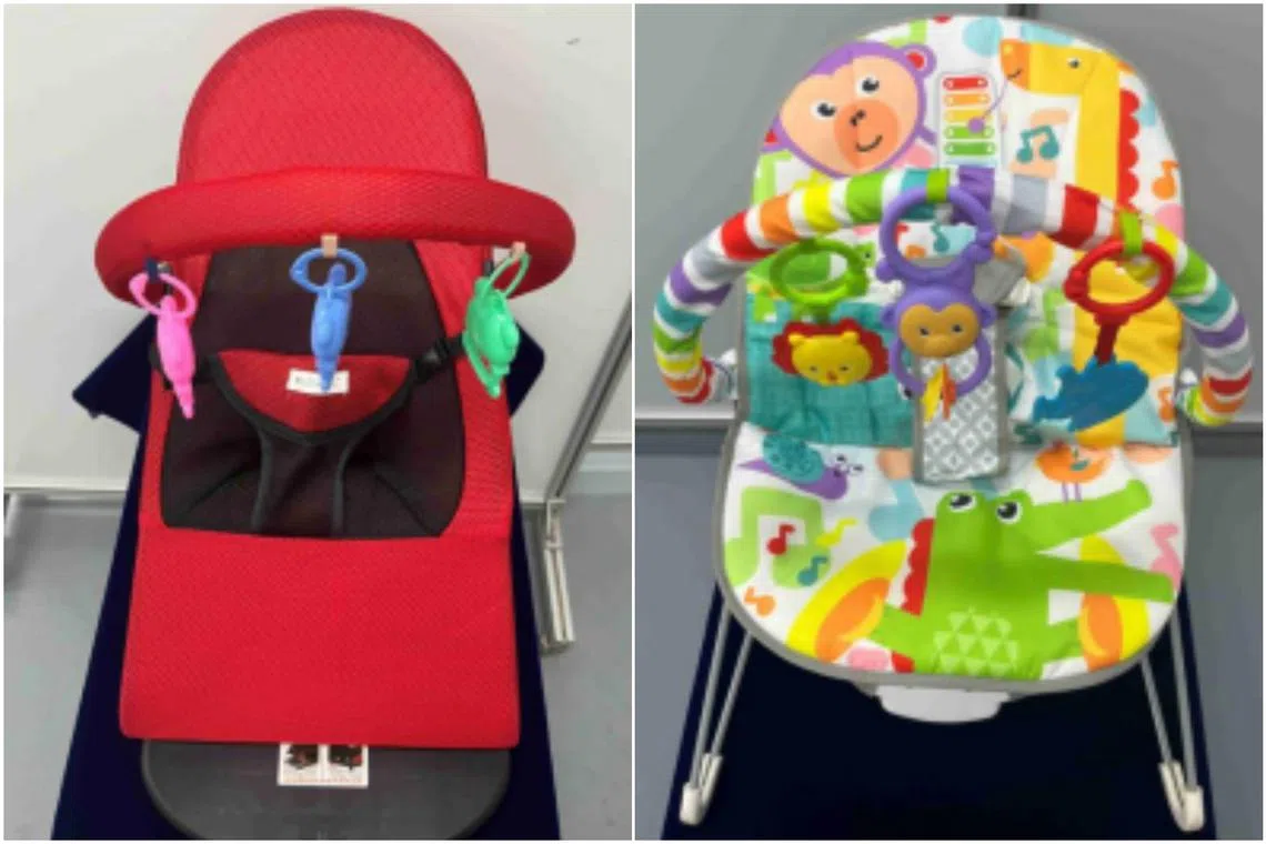Non-compliant products include baby bouncers with detachable parts that may cause choking, and unstable bouncers and walkers that may topple. 