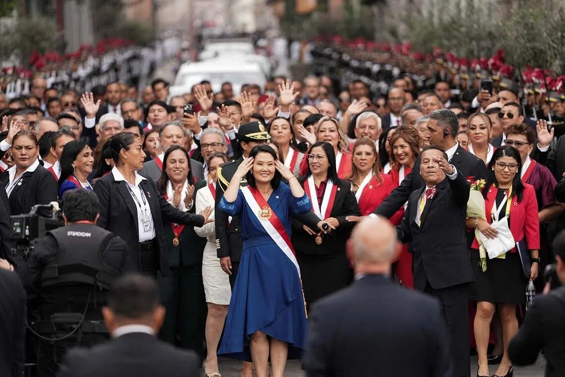 Peru's President Keiko Fujimori steps out of the Congress after being sworn in as the country's new president, in Lima, Peru, July 28, 2026. REUTERS/Angela Ponce TPX IMAGES OF THE DAY