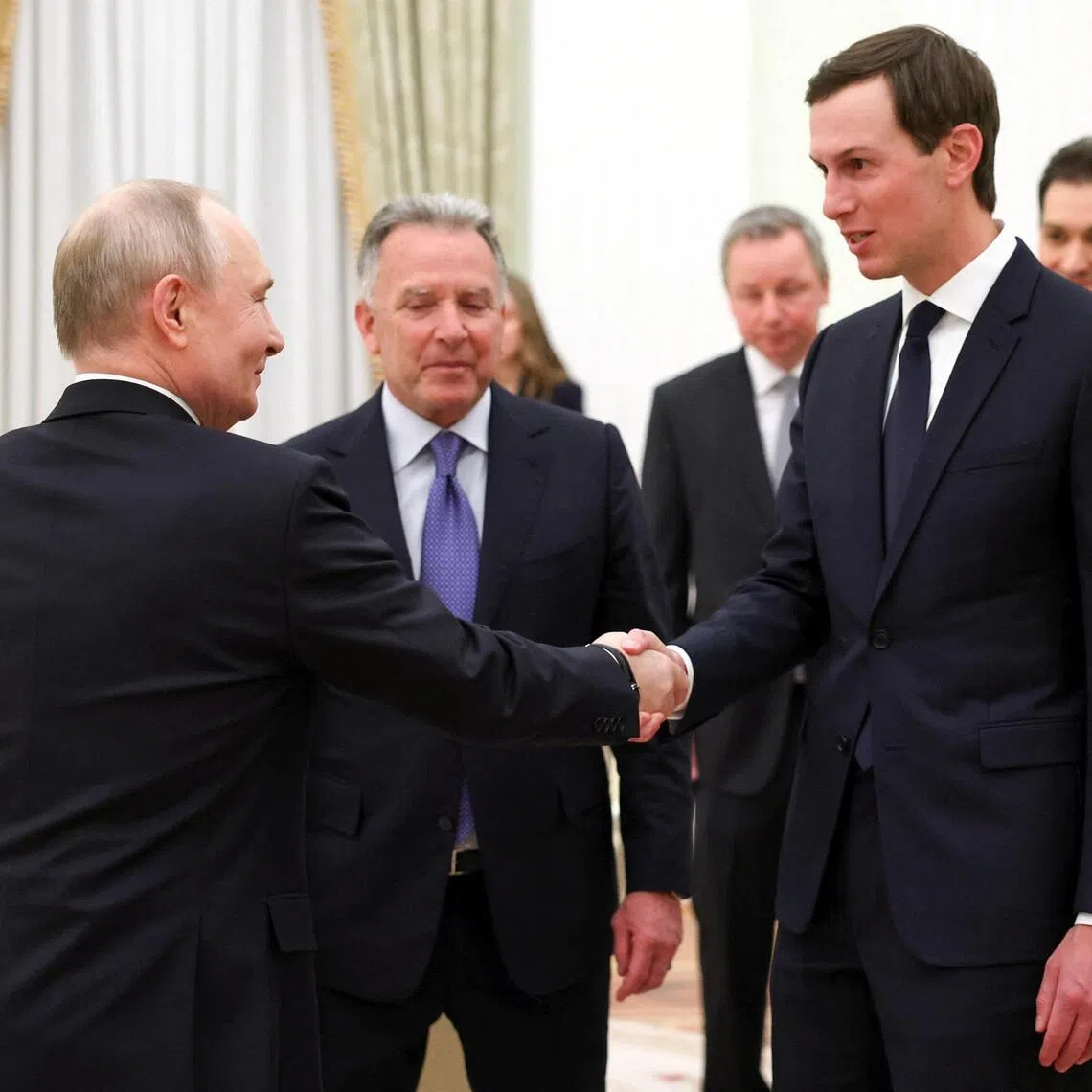 US envoys Steve Witkoff (centre) and Jared Kushner (right) meeting Russian President Vladimir Putin in Moscow in January. 