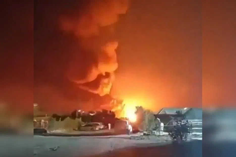 A screenshot from a video circulating online that is said to show a fire at Saudi Arabia's East-West Pipeline.