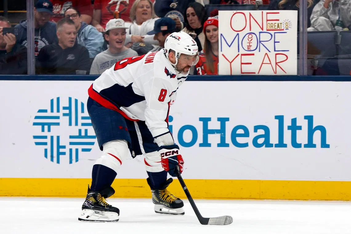 Apr 14, 2026; Columbus, Ohio, USA; Washington Capitals left wing Alex Ovechkin (8) waits for the face-off against the Columbus Blue Jackets during the third period at Nationwide Arena. Mandatory Credit: Russell LaBounty-Imagn Images