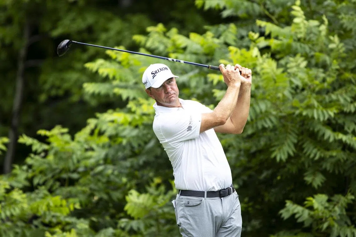 Jul 7, 2024; Silvis, Illinois, USA; Lucas Glover hits his tee shot on the second hole during the final round of the John Deere Classic golf tournament. Mandatory Credit: Joseph Cress-USA TODAY Sports/ File Photo