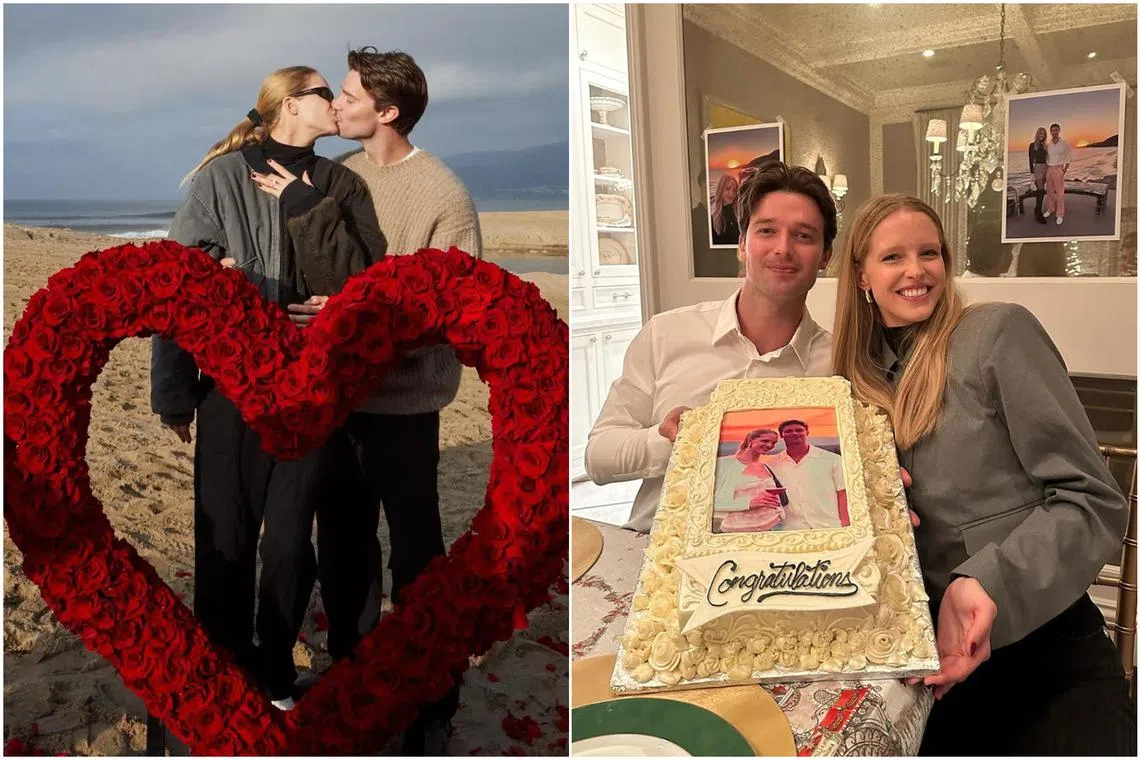 Patrick Schwarzenegger and Abby Champion shared a series of photos of the beach proposal with the caption: “Forever and ever.”