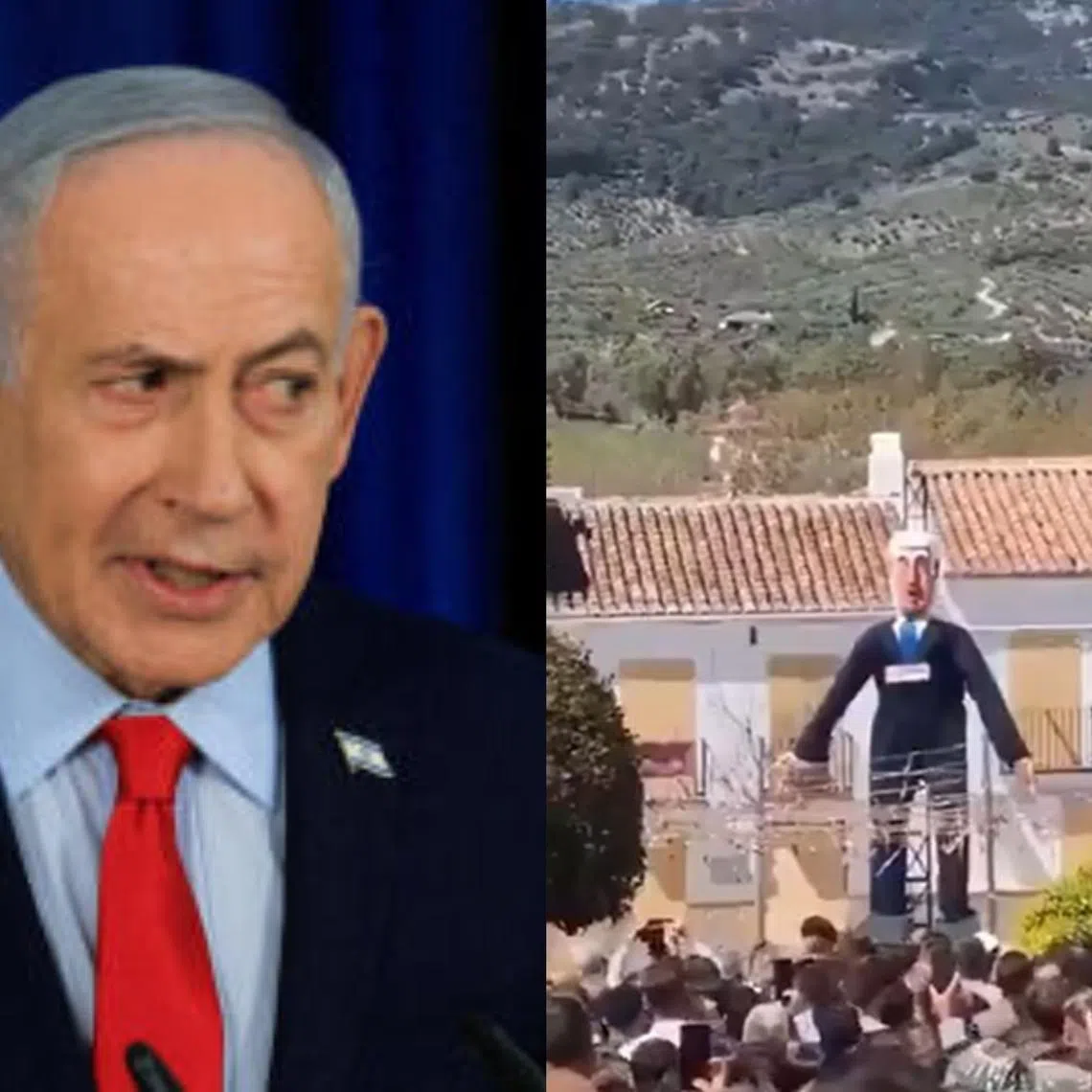 An effigy of Israeli Prime Minister Benjamin Netanyahu was blown up in El Burgo, Spain, in a celebration that Israel's foreign ministry branded anti-Semitic.