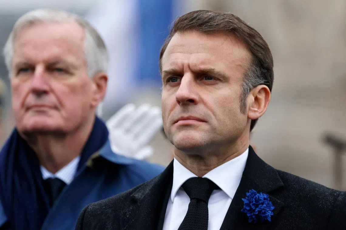 Following the ouster of the government of Mr Michel Barnier (left) in a historic no-confidence vote last week, Mr Emmanuel Macron (right) on Dec 10 gathered leaders from across the political spectrum in a bid to form a “government of national interest”.