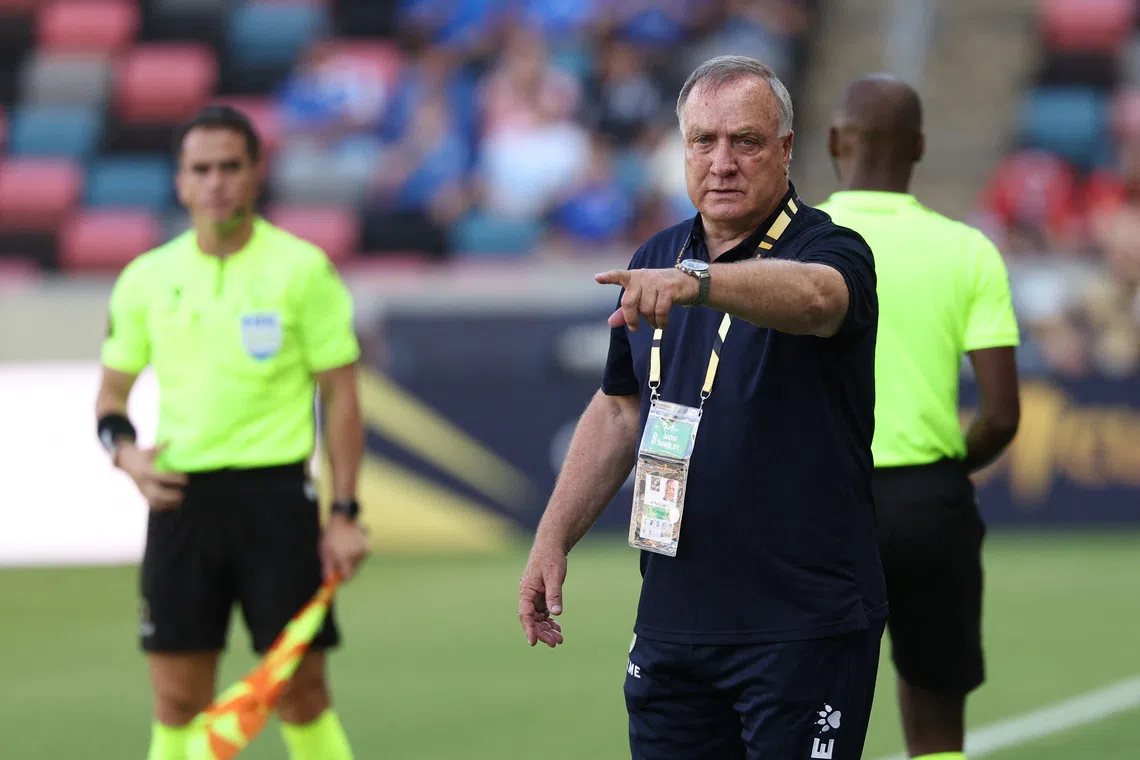 Jun 21, 2025; Houston, Texas, USA; Curacao head coach Dick Advocaat reacts during the first half against Canada during a group stage match of the 2025 Gold Cup at Shell Energy Stadium. Mandatory Credit: Troy Taormina-Imagn Images