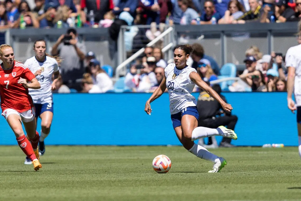 FILE PHOTO: Jul 9, 2023; San Jose, California, USA;  United States of America forward Trinity Rodman (20) passes against Wales during the second half at PayPal Park. Mandatory Credit: John Hefti-USA TODAY Sports/File Photo