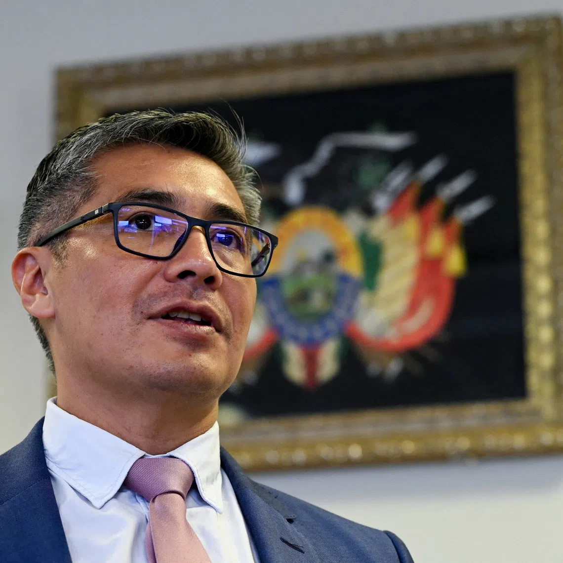 FILE PHOTO: Minister of Economy Jose Gabriel Espinoza speaks during an interview with Reuters, in La Paz, Bolivia, November 24, 2025. REUTERS/Claudia Morales/File Photo