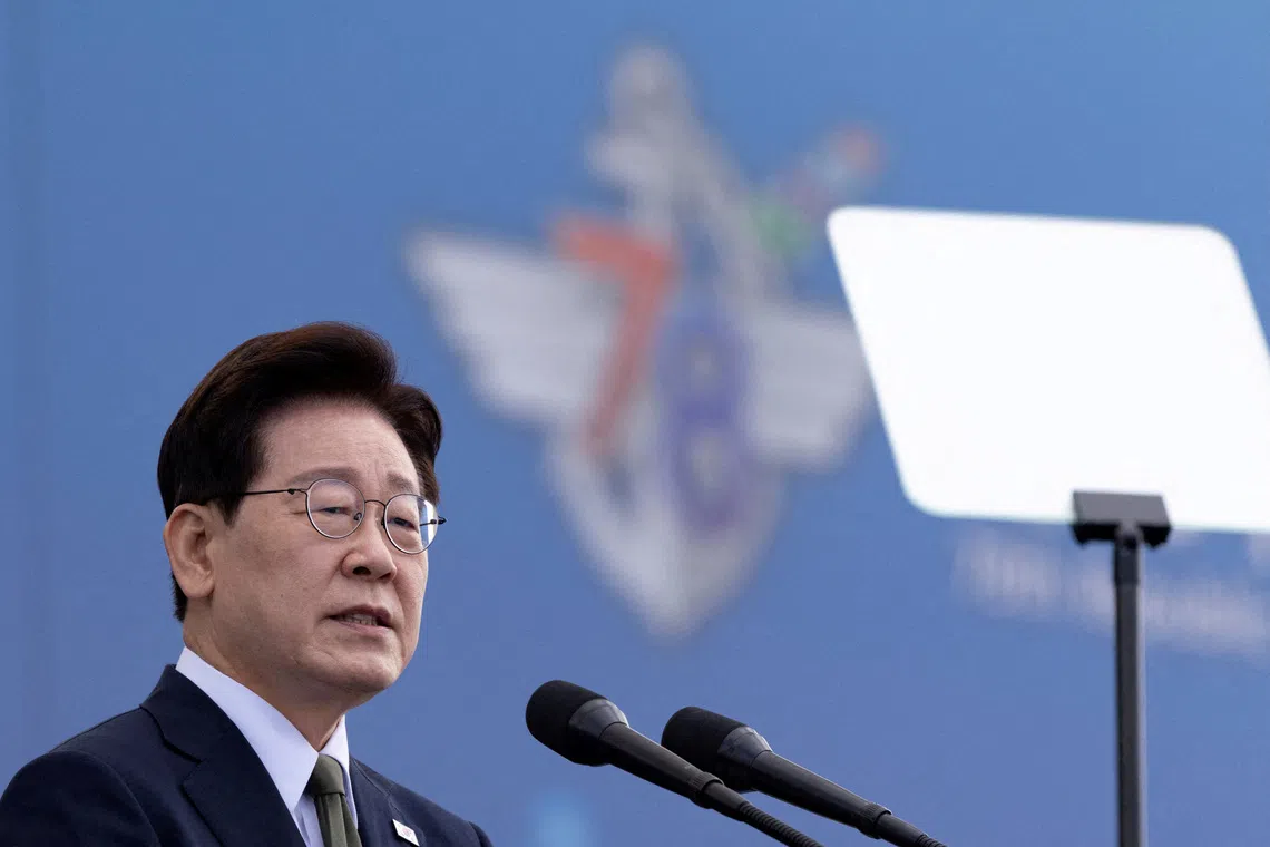 FILE PHOTO: South Korean President Lee Jae Myung delivers a speech during the 78th Armed Forces Day at a military base in Gyeryong-City, South Korea, 01 October 2026.     JEON HEON-KYUN/Pool via REUTERS//File Photo