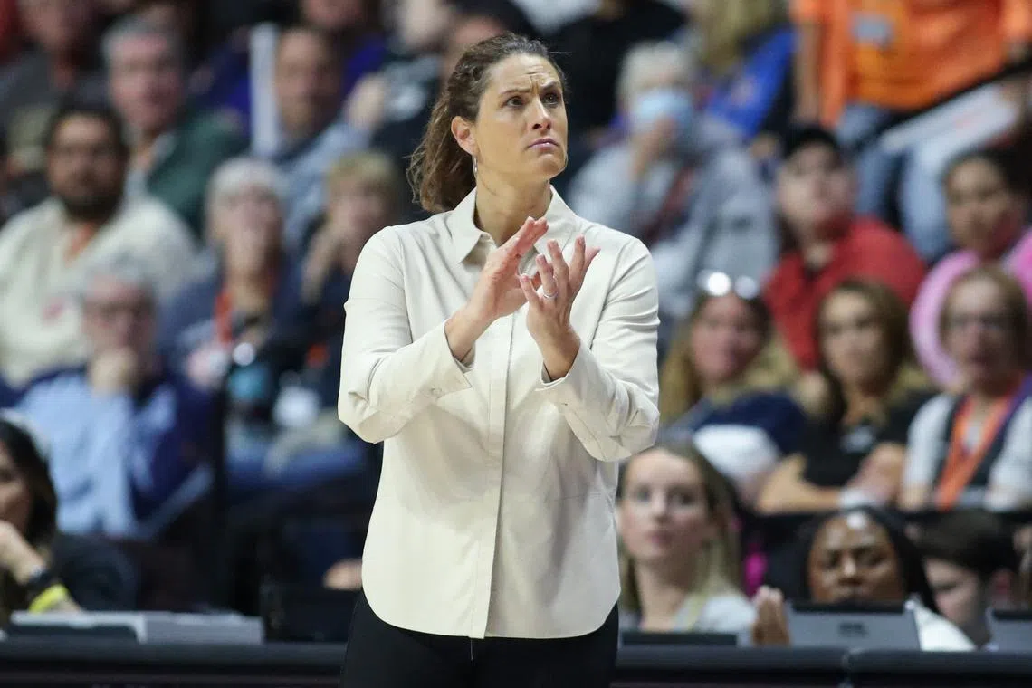 Sep 25, 2024; Uncasville, Connecticut, USA; Connecticut Sun head coach Stephanie White reacts during the second half against the Indiana Fever during game two of the first round of the 2024 WNBA Playoffs at Mohegan Sun Arena. Mandatory Credit: Paul Rutherford-Imagn Images/File Photo