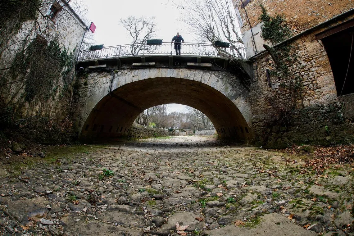 The dry riverbed of the Issole River in the commune of Flassans-sur-Issole in the south of France. The driest winter on record has put the country in a "state of alert" for droughts.
