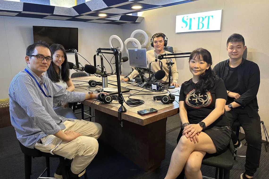 (From left) ST's deputy news editor Andre Yeo, journalist Jessie Lim, podcast producer Teo Tong Kai, Verena Chin, owner of home-based bakery Le Artisserie and crime correspondent David Sun