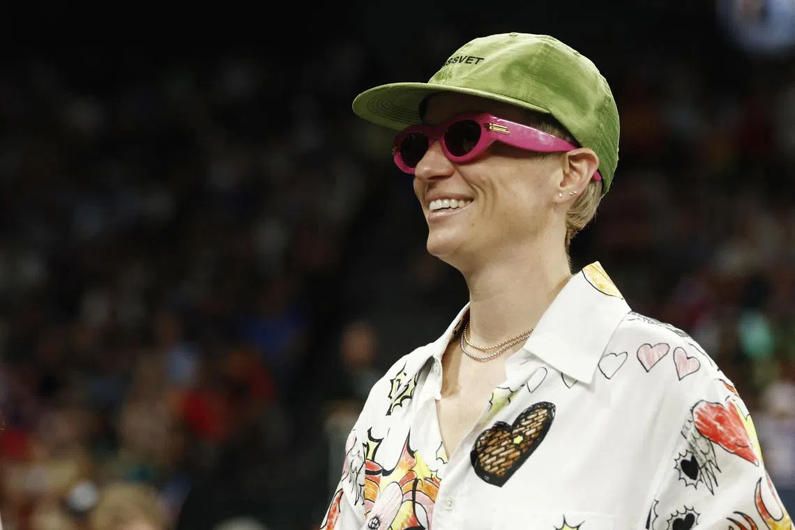 FILE PHOTO: Paris 2024 Olympics - Basketball - Women's Semifinal - United States vs Australia - Bercy Arena, Paris, France - August 09, 2024. Former soccer player Megan Rapinoe attends the match. REUTERS/Evelyn Hockstein/File Photo