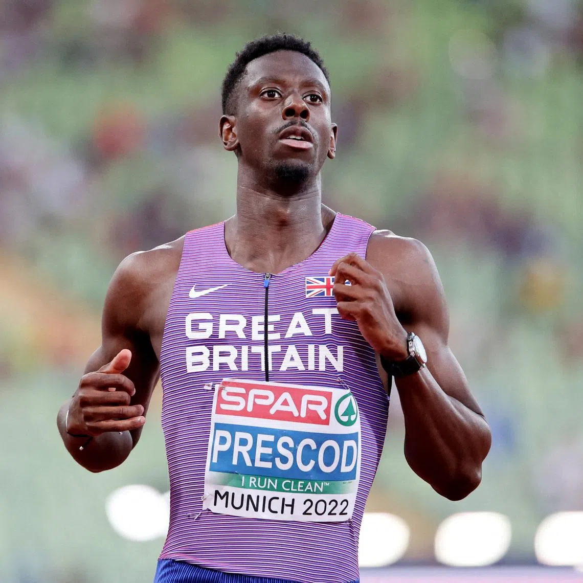 FILE PHOTO: Athletics - 2022 European Championships - Olympiastadion, Munich, Germany - August 16, 2022 Britain's Reece Prescod in action during the Men's 100m Semi Final 2 REUTERS/Wolfgang Rattay/File Photo