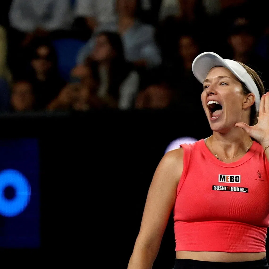 FILE PHOTO: Tennis - Australian Open - Melbourne Park, Melbourne, Australia - January 16, 2025 Danielle Collins of the U.S. celebrates winning her second round match against Australia's Destanee Aiava REUTERS/Francis Mascarenhas/File Photo