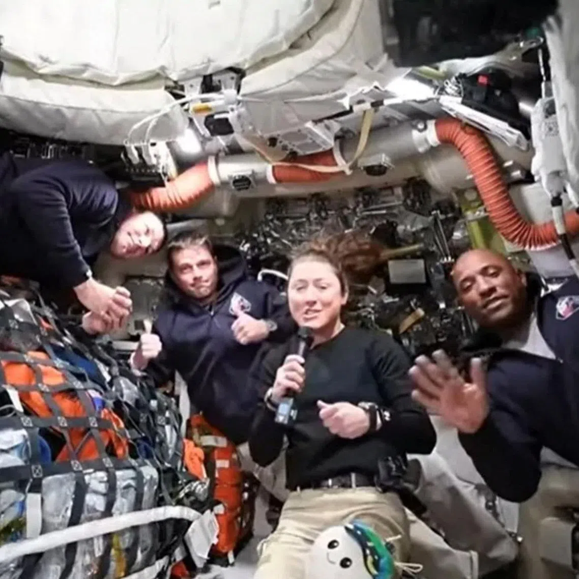 NASA Artemis II crew members Jeremy Hansen, Reid Wiseman, Christina Koch, and Victor Glover answer questions from reporters on April 2.