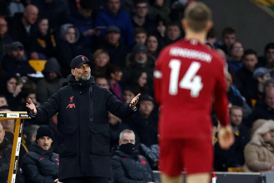 Liverpool manager Jurgen Klopp reacting during the English Premier League football match between Wolverhampton Wanderers and his team at the Molineux on Saturday, which the Reds lost 3-0.