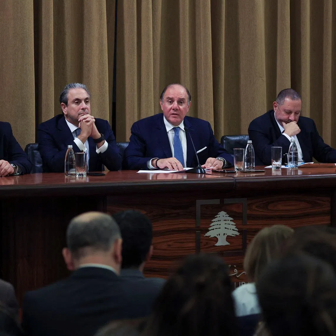 Central Bank of Lebanon Governor Karim Souaid and other central bank officials attend a press conference in Beirut, Lebanon January 8, 2026. REUTERS/Mohamed Azakir