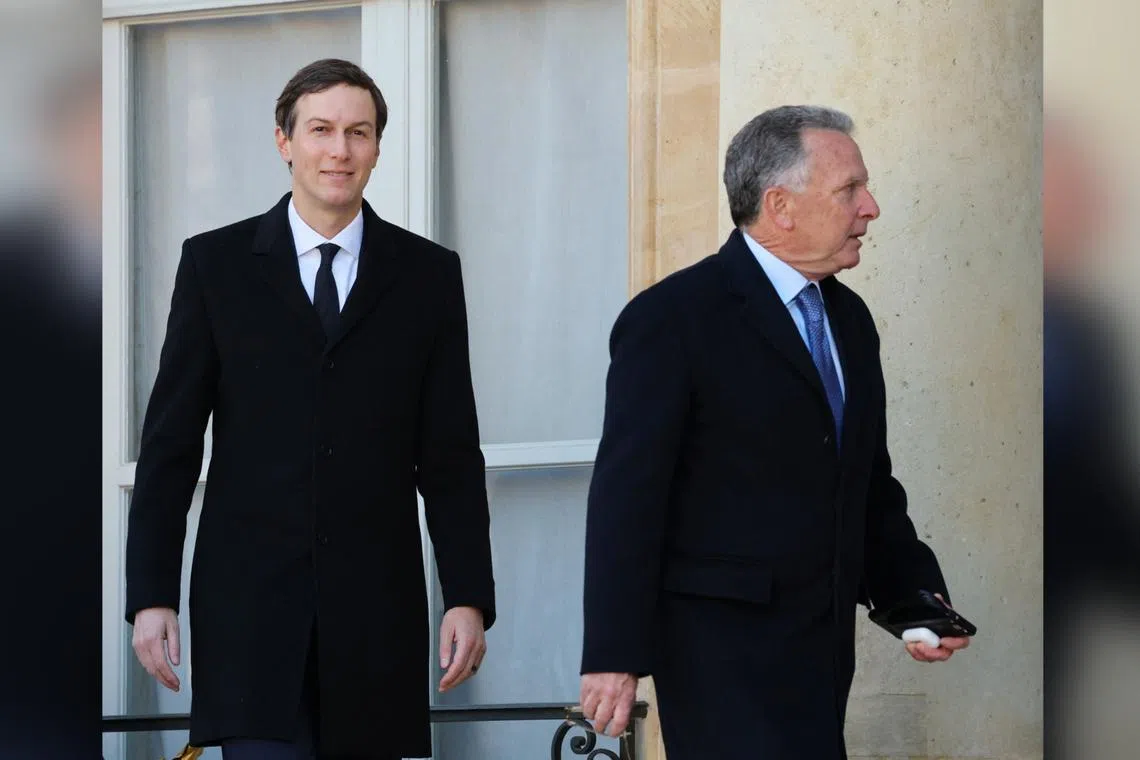 U.S. Special Envoy Steve Witkoff and Jared Kushner, U.S. President Donald Trump's son-in-law, arrive for a lunch meeting with French President Emmanuel Macron and Ukraine's President Volodymyr Zelenskiy before a summit of the so-called 'Coalition of the Willing' at the Elysee Palace in Paris, France, January 6, 2026. REUTERS/Sarah Meyssonnier