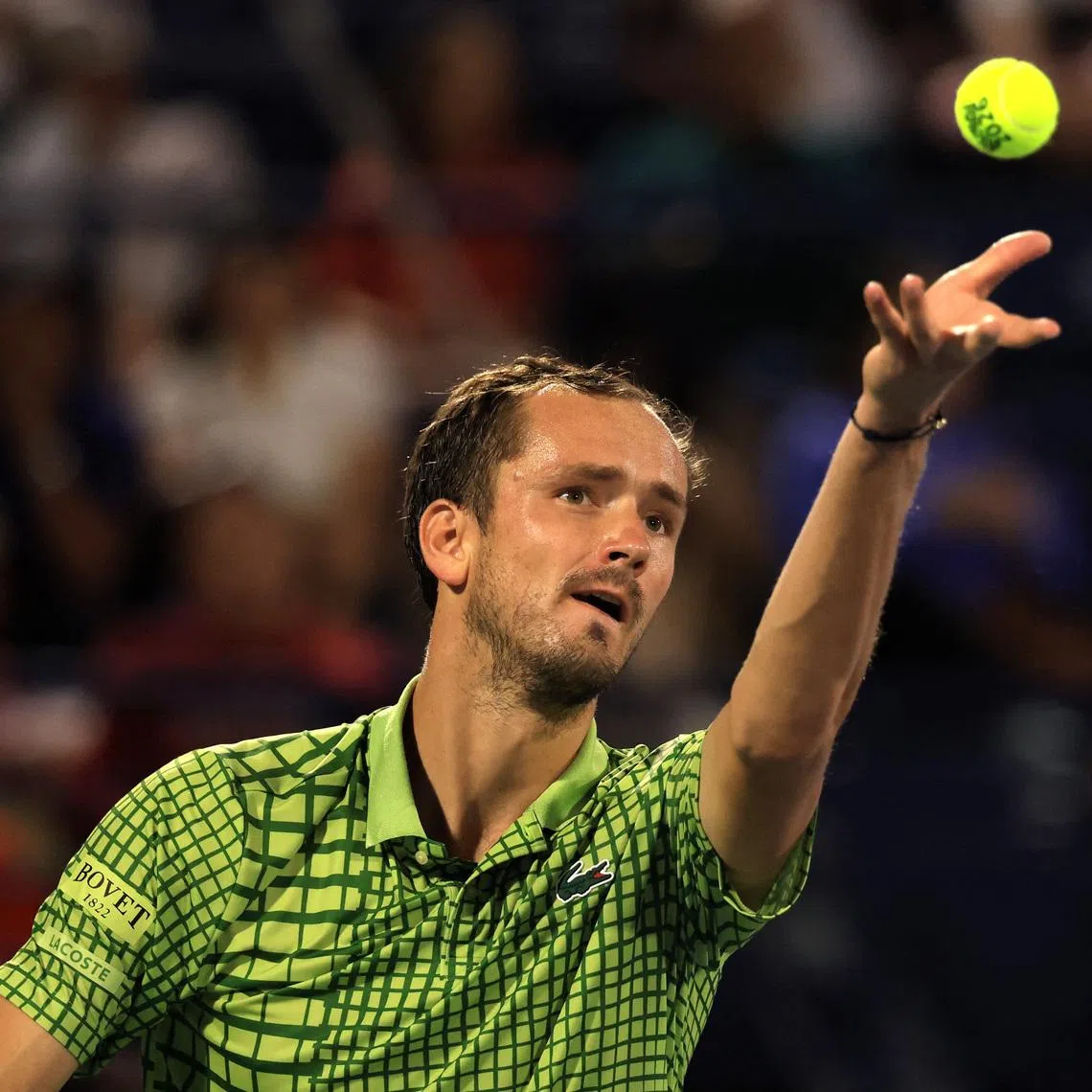 Russia's Daniil Medvedev in action at the Dubai Championships. He has been affected by travel delays owing to the Middle East situation.