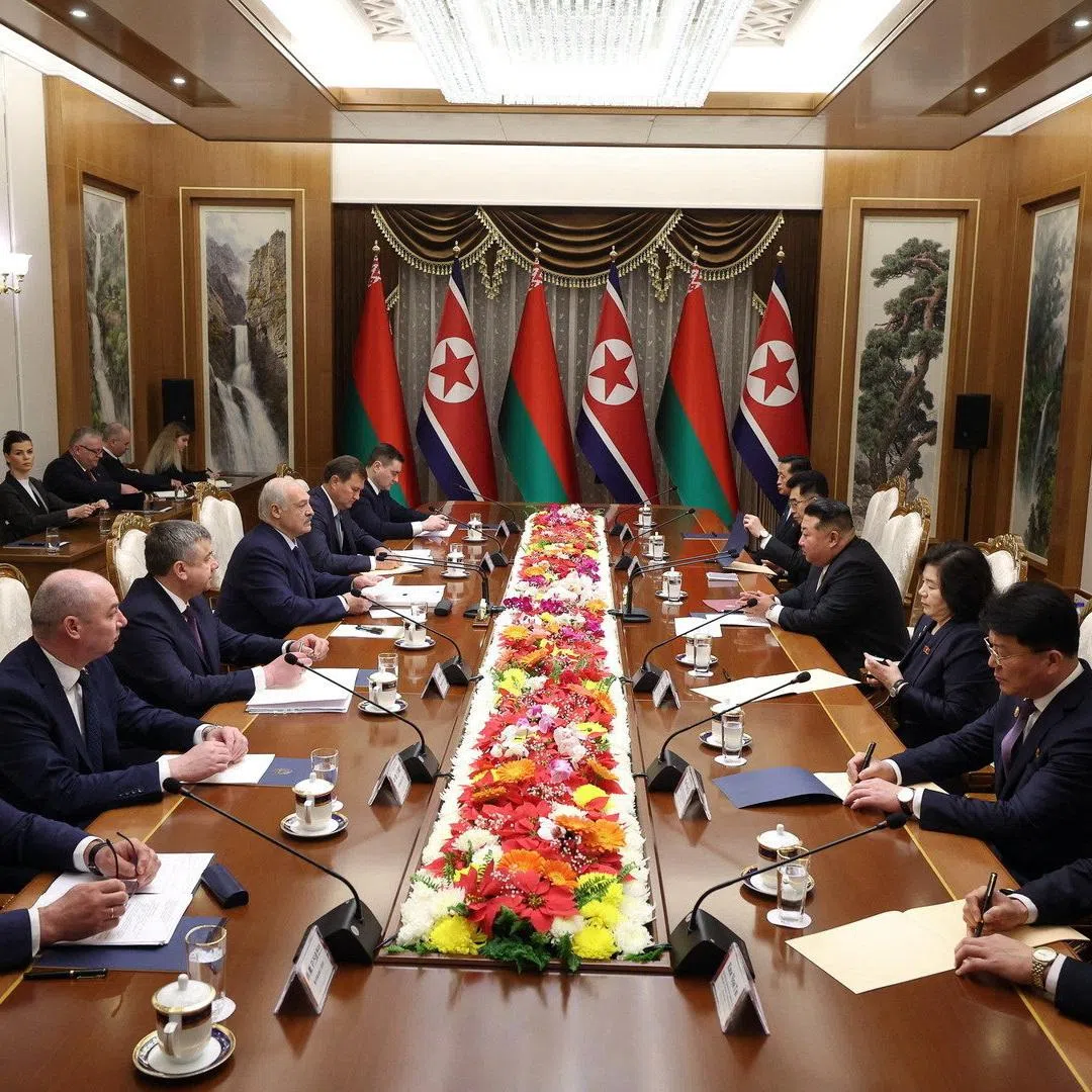 Belarusian President Alexander Lukashenko and North Korean leader Kim Jong Un attend a meeting in Pyongyang, North Korea March 26, 2026. President of the Republic of Belarus/Handout via REUTERS
