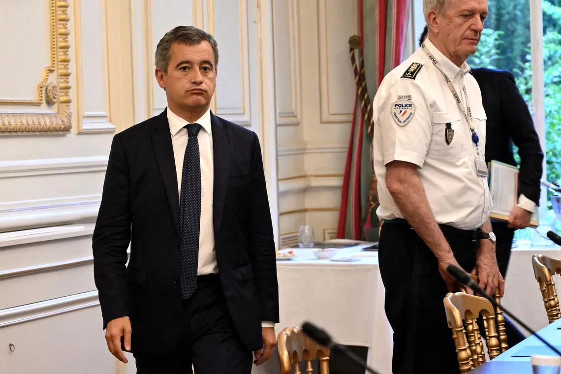 France's Interior Minister Gerald Darmanin arrives for a meeting with French Unions at Hotel Beauvau in Paris on July 27, 2023, as are observed a minimum service in the police units and sick leaves, one week after the imprisonment of a policeman from the BAC (Anti-Crime Squad), suspected of having beaten up a 22-year-old man, along with three other colleagues on the night of 1 to July 2, 2023. Darmanin, who has been silent since the start of the crisis in the police force, will meet with the unions this evening, at a time when the police protest movement linked to the imprisonment of one of their number in Marseille seems to be spreading. (Photo by Bertrand GUAY / POOL / AFP)