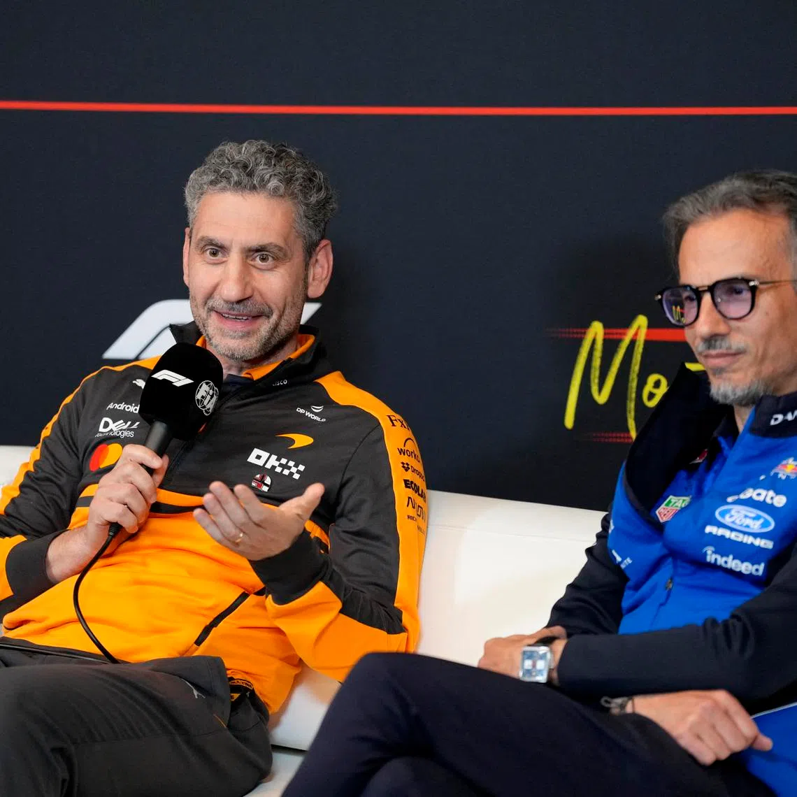 Formula One F1 - Canadian Grand Prix - Circuit Gilles Villeneuve, Montreal, Quebec, Canada - May 22, 2026 McLaren team principal Andrea Stella and Red Bull team principal Laurent Mekies during a press conference ahead of the Canadian Grand Prix REUTERS/Mathieu Belanger