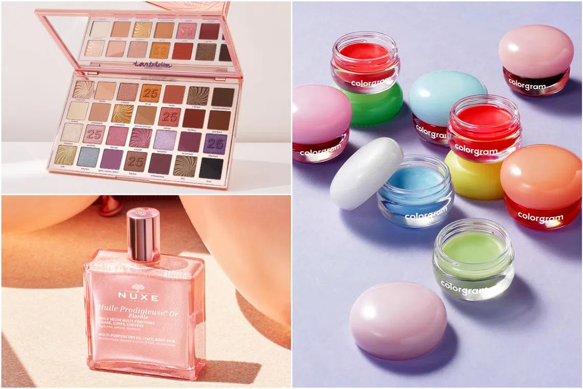 (Clockwise from top left) Tartelette Reflections Amazonian Clay Palette, Nuxe Huile Prodigieuse Or Florale and the Colorgram Tintin Dory Lip Jam.