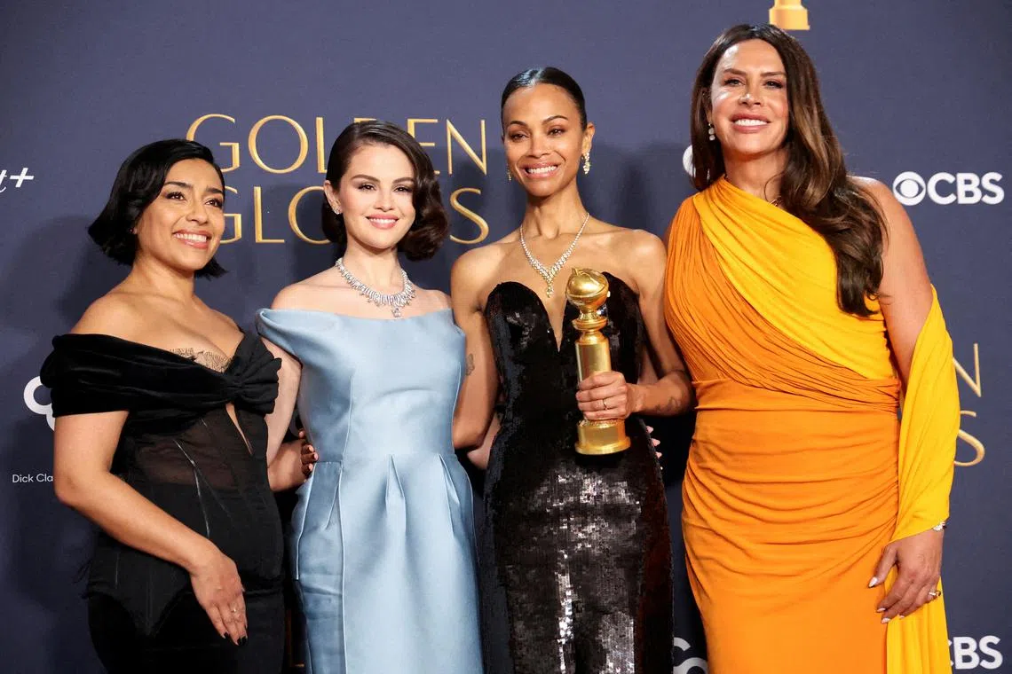Emilia Perez stars (from left) Adriana Paz, Selena Gomez, Zoe Saldana and Karla Sofia Gascon posing with the Golden Globe award for Best Motion Picture - Musical or Comedy on Jan 5.