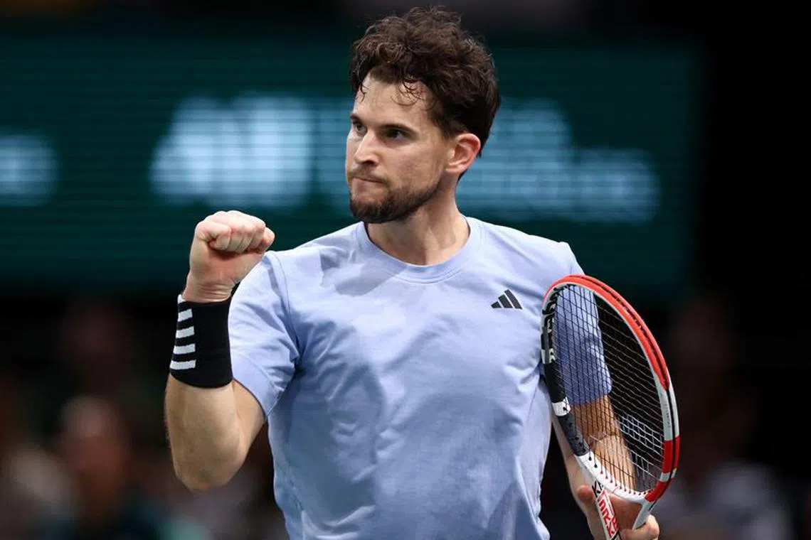 FILE PHOTO: Tennis - ATP Masters 1000 - Paris Masters - AccorHotels Arena, Paris, France - November 1, 2023  Austria's Dominic Thiem reacts during his round of 32 match against Denmark's Holger Rune REUTERS/Stephanie Lecocq/File Photo