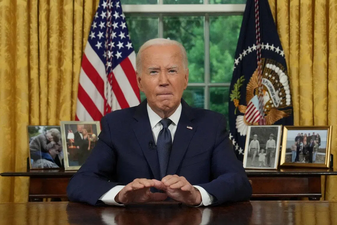 FILE PHOTO: U.S. President Joe Biden delivers an address to the nation from the Oval Office of the White House in Washington, DC on July 14, 2024.    Erin Schaff/Pool via REUTERS/File Photo