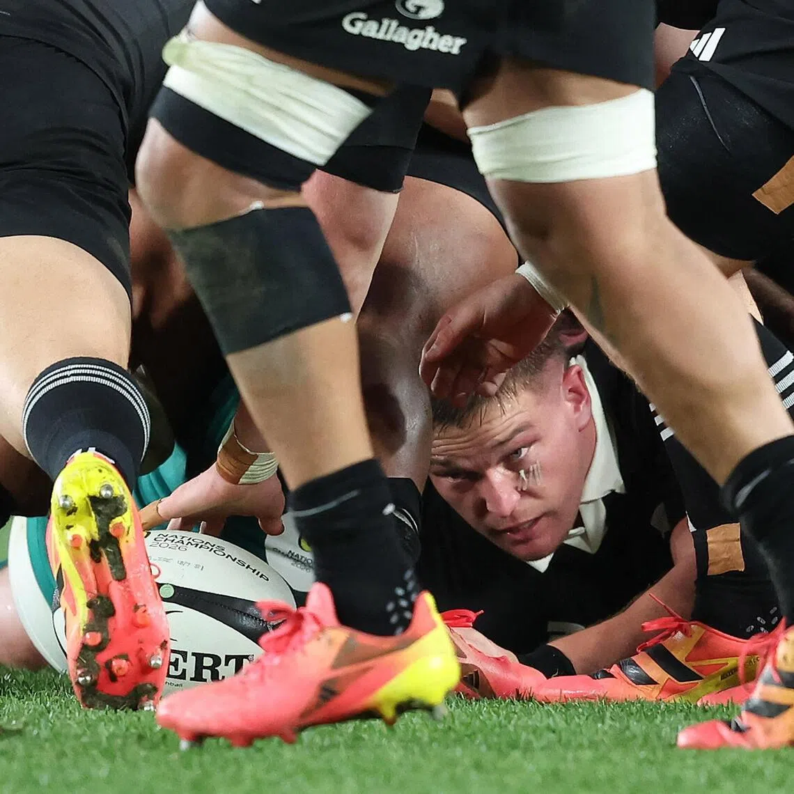 Ethan de Groot of New Zealand places the ball at the back of a ruck during the rugby Nations Championship match between New Zealand and Ireland at Eden Park in Auckland on July 18, 2026. (Photo by Michael Bradley / AFP)