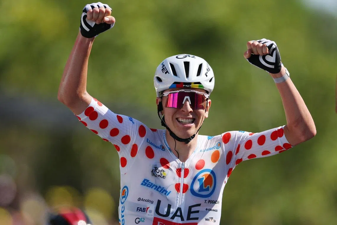 UAE Team Emirates XRG’s Tadej Pogacar celebrates his second place after UAE Team Emirates XRG’s Isaac Del Toro wins stage 2 of Tour de France.