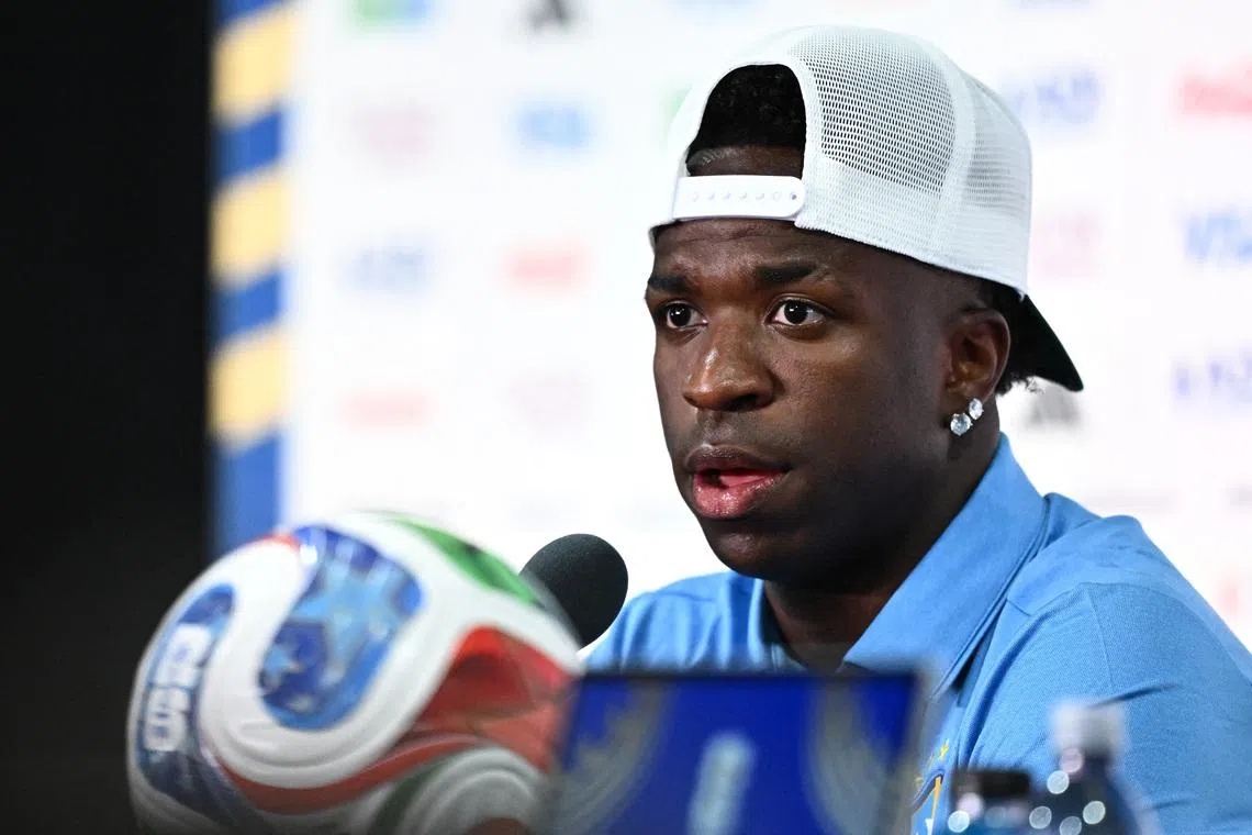 Soccer Football - FIFA World Cup 2026 - Brazil Press Conference - New York/New Jersey Stadium, East Rutherford, New Jersey, U.S. - June 12, 2026  Brazil's Vinicius Junior during the press conference REUTERS/Dylan Martinez