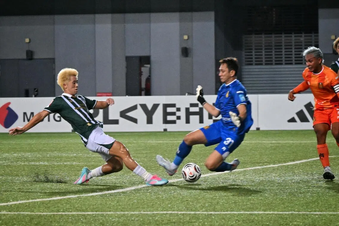 Singapore Premier League match between (in gree) Geylang International and (in orange) Hougang United, at Our Tampines Hub, on Oct 26. 2026.
