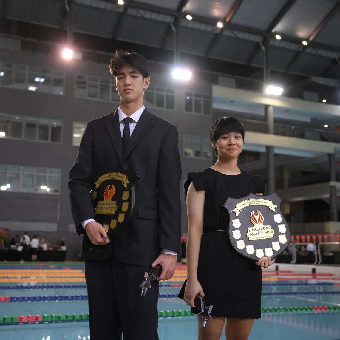 Moo Soon Chong Outstanding Student-Athlete of the Year (Secondary) winners Chow Yong Jun (left) and Loy Ming Ying, pictured after the Singapore Sports School Awards Night held on Feb 11, 2026.