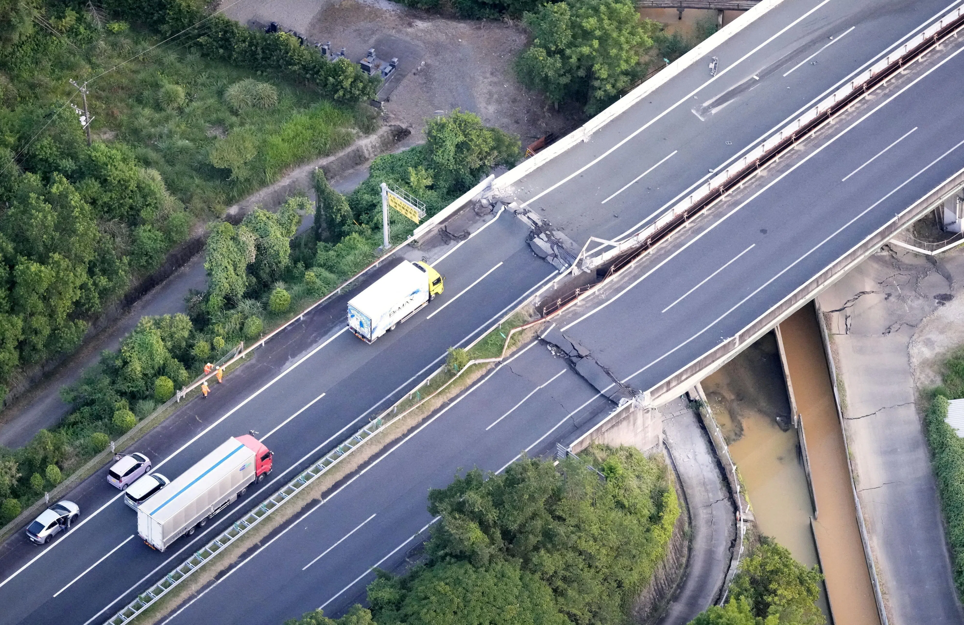 An aerial view showing the damaged Kyushu Expressway in Yatsushiro, in Japan’s Kumamoto prefecture.