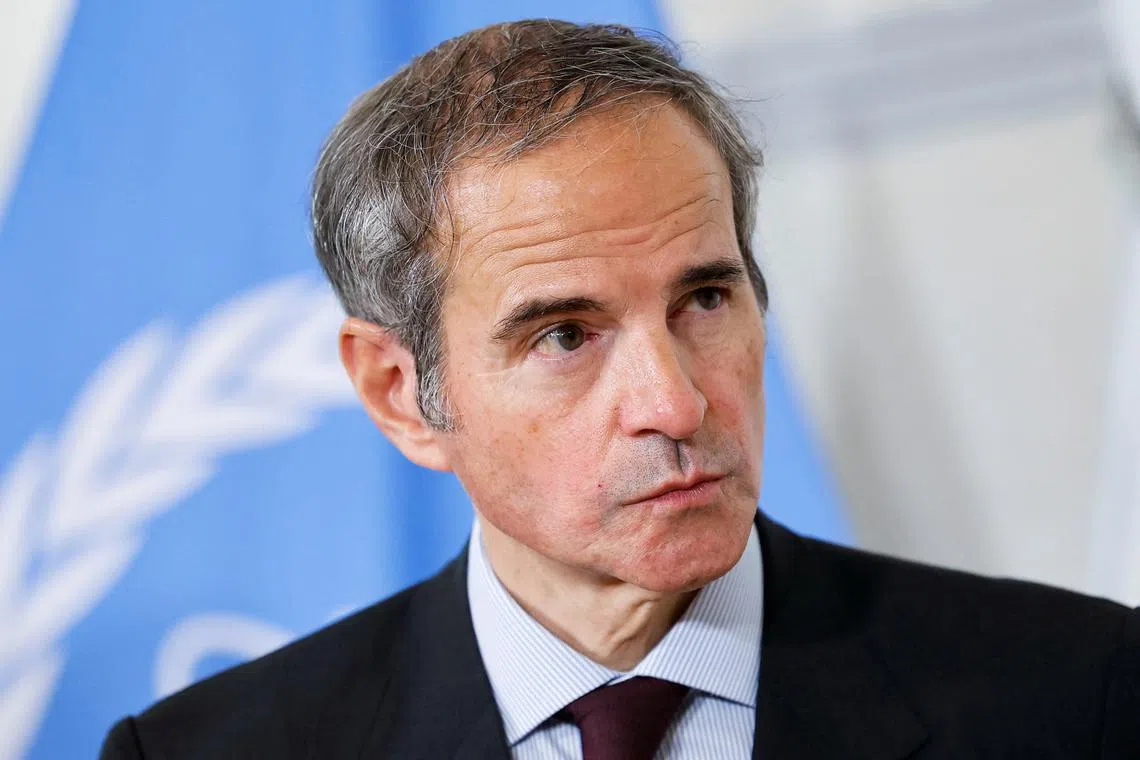 IAEA Director General Rafael Grossi looks on during a doorstep with Austrian Chancellor Christian Stocker, Austrian Vice-Chancellor Andreas Babler and Austrian Foreign Minister Beate Meinl-Reisinger at the Austrian Chancellery in Vienna, Austria, June 25, 2025. REUTERS/Lisa Leutner