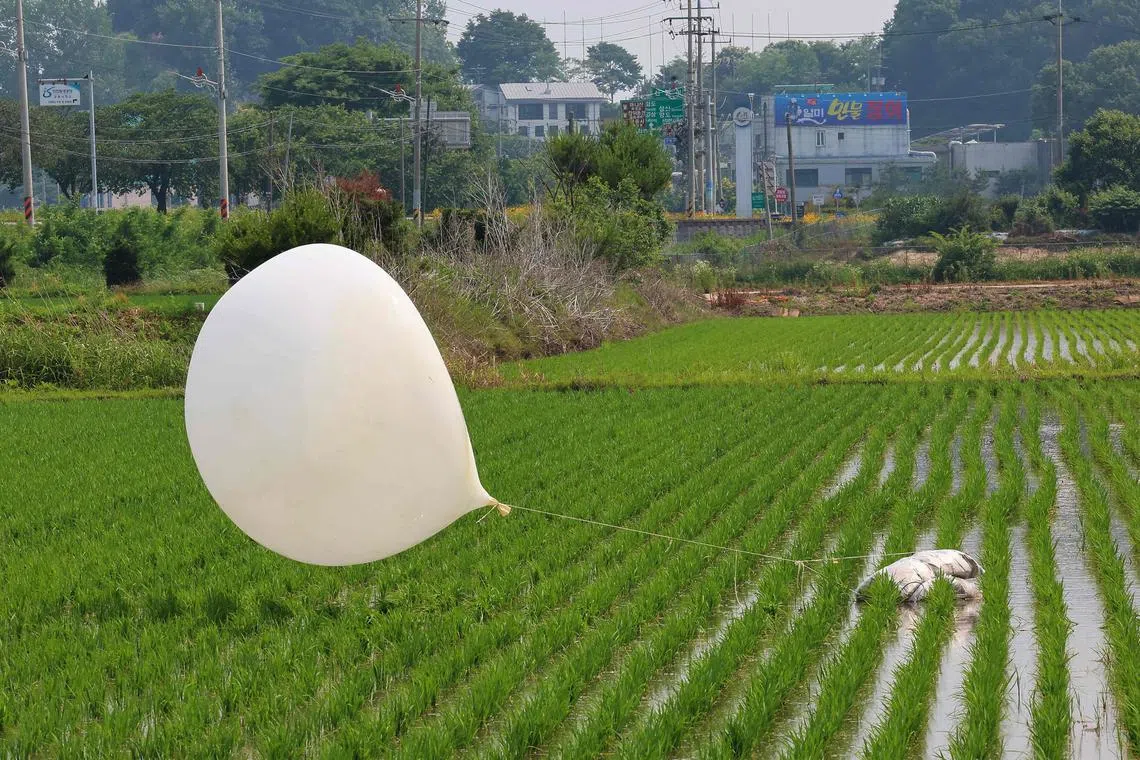 A balloon is seen attached to an object after it landed in a rice field in Seonwon-myeon, Ganghwa County,Incheon on June 10, 2024. 